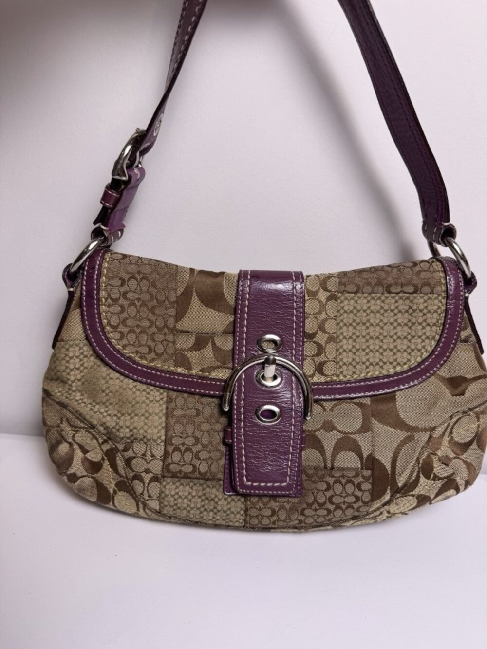 Coach Beige Soho Patchwork Signature Canvas Purple Shoulder Purse Y2K Bag F12316